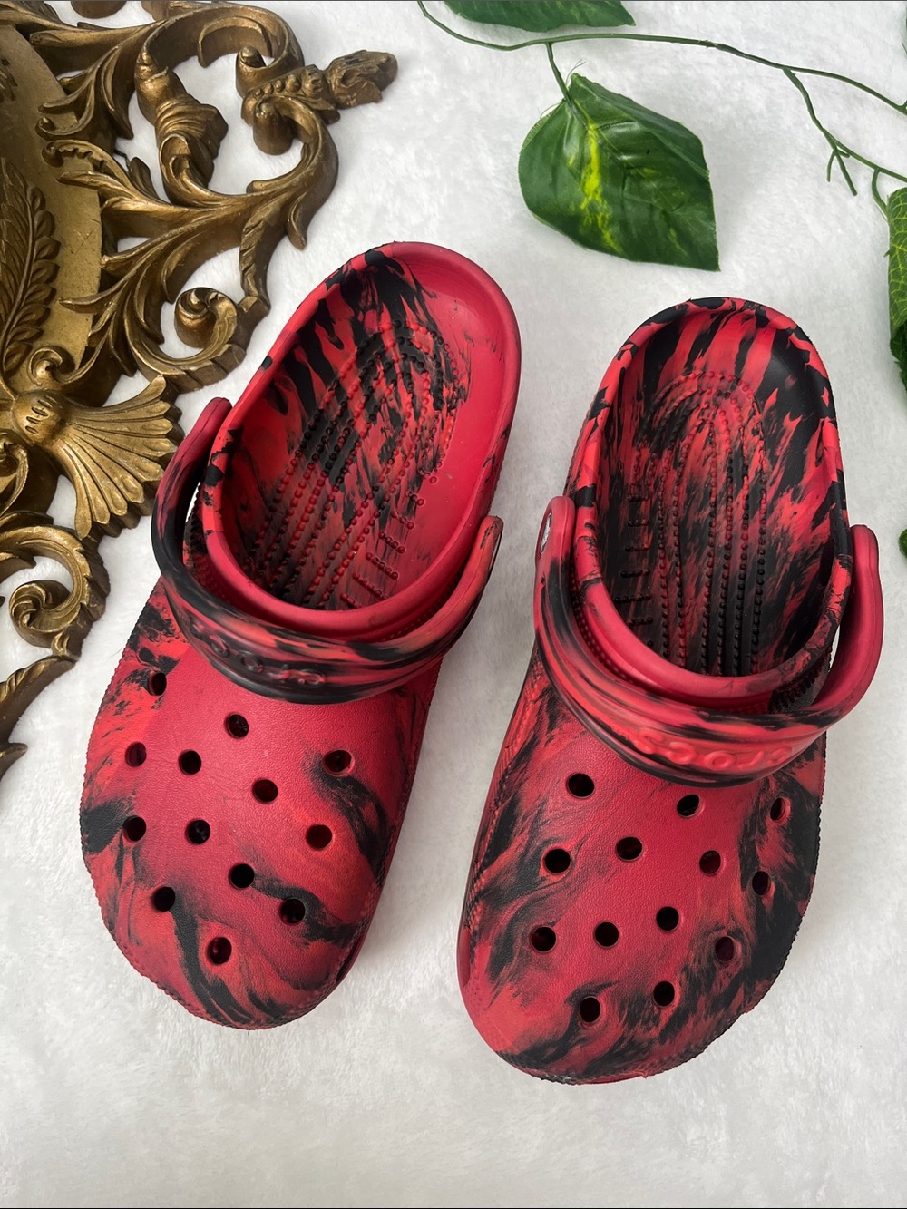 Red and Black Marbled Tie Dye Crocs